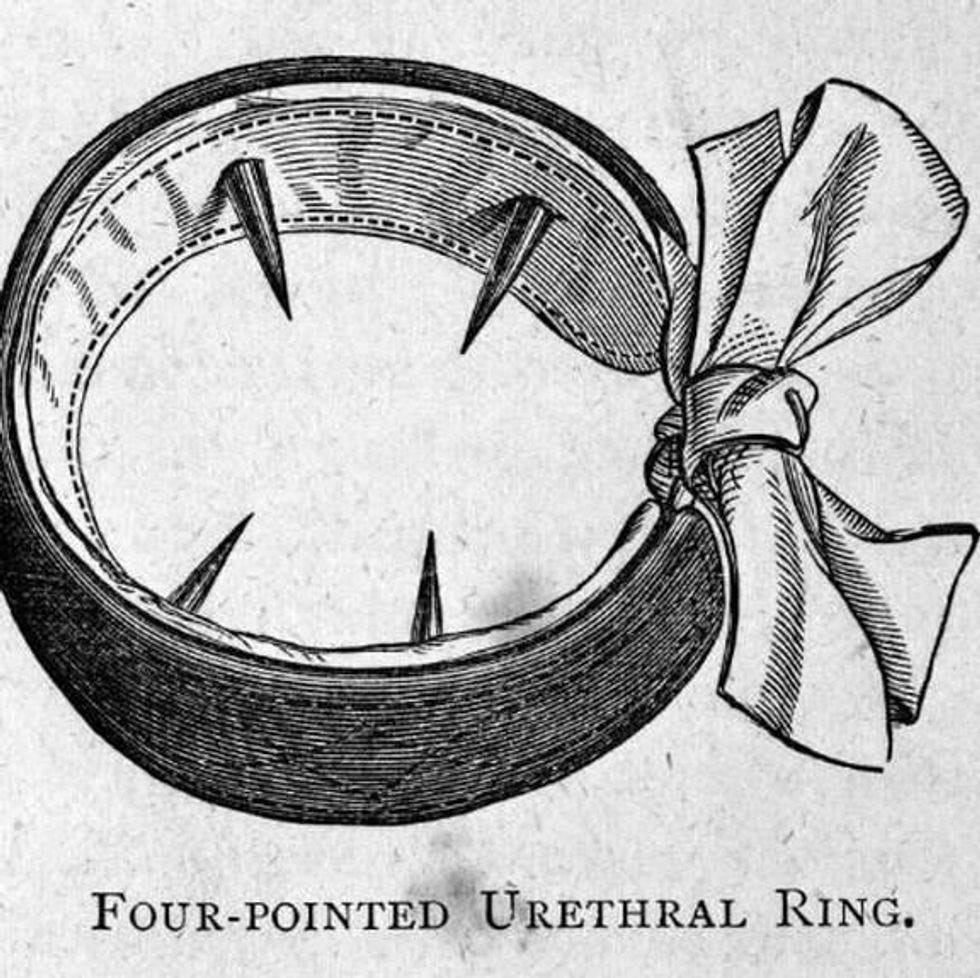 Four-pointed urethral ring with a bow on it, victorian anti-masturbation device Four-pointed urethral ring with a bow on it, victorian anti-masturbation device