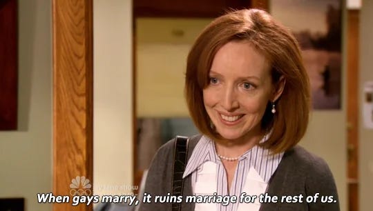 Screenshot of a woman speaking. Subtitle reads "When gays marry, it ruins marriage for the rest of us."