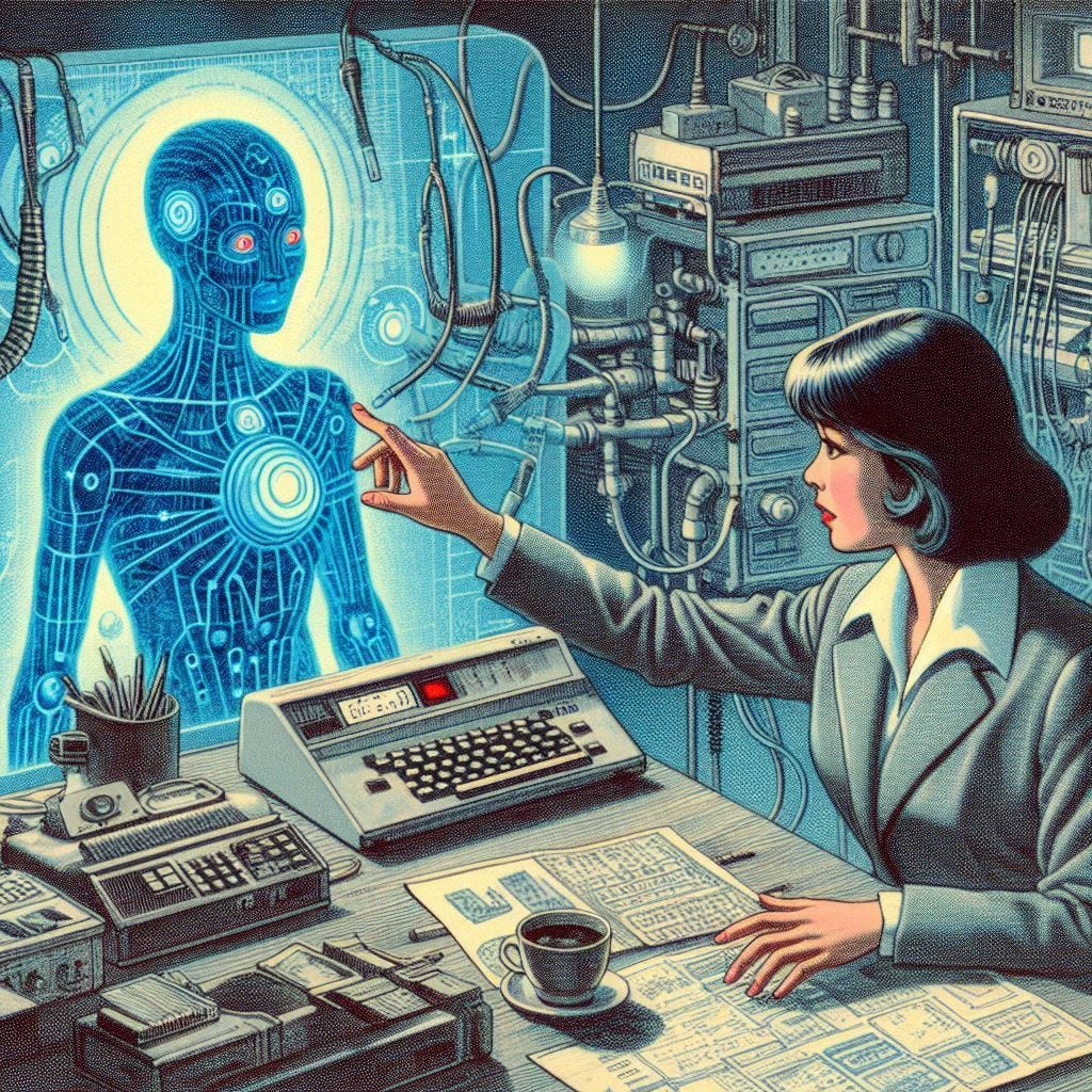 japanese secretary trying to repair hologram therapist, 60s sci-fi drawing