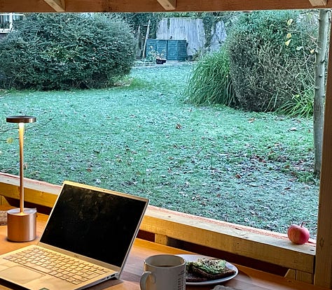 A tea-cup, plate, laptop and lamp on a brown wooden desk with a chair and black stove behind; A wooden hut with a stove burning inside, surrounded by foliage; a view of a frosty garden with laptop in the foreground.