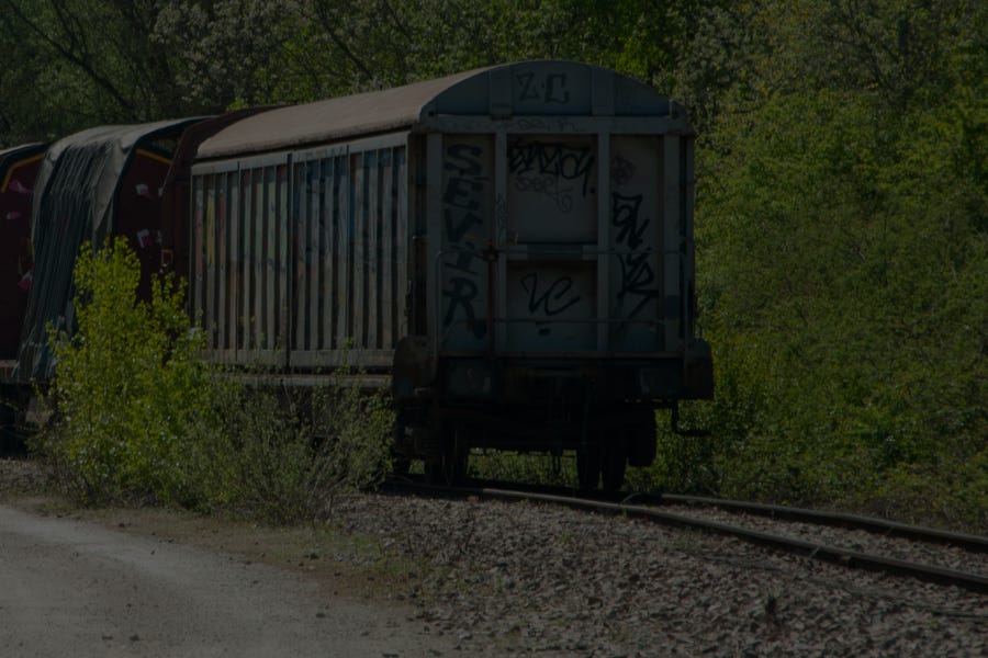 A long freight train curves through thick greenery on a rural track A long freight train curves through thick greenery on a rural track