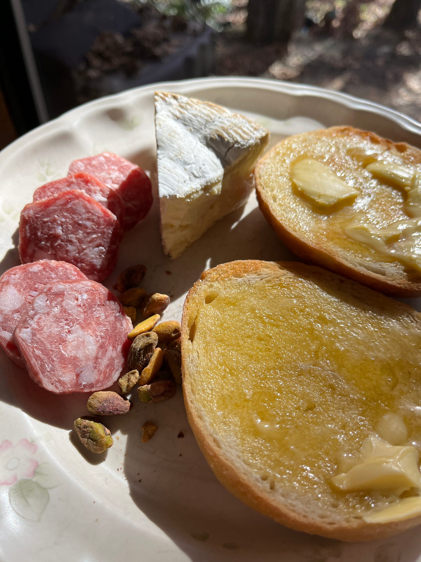 salami, pistachios, brie, and homemade sourdough bagels with grassfed butter