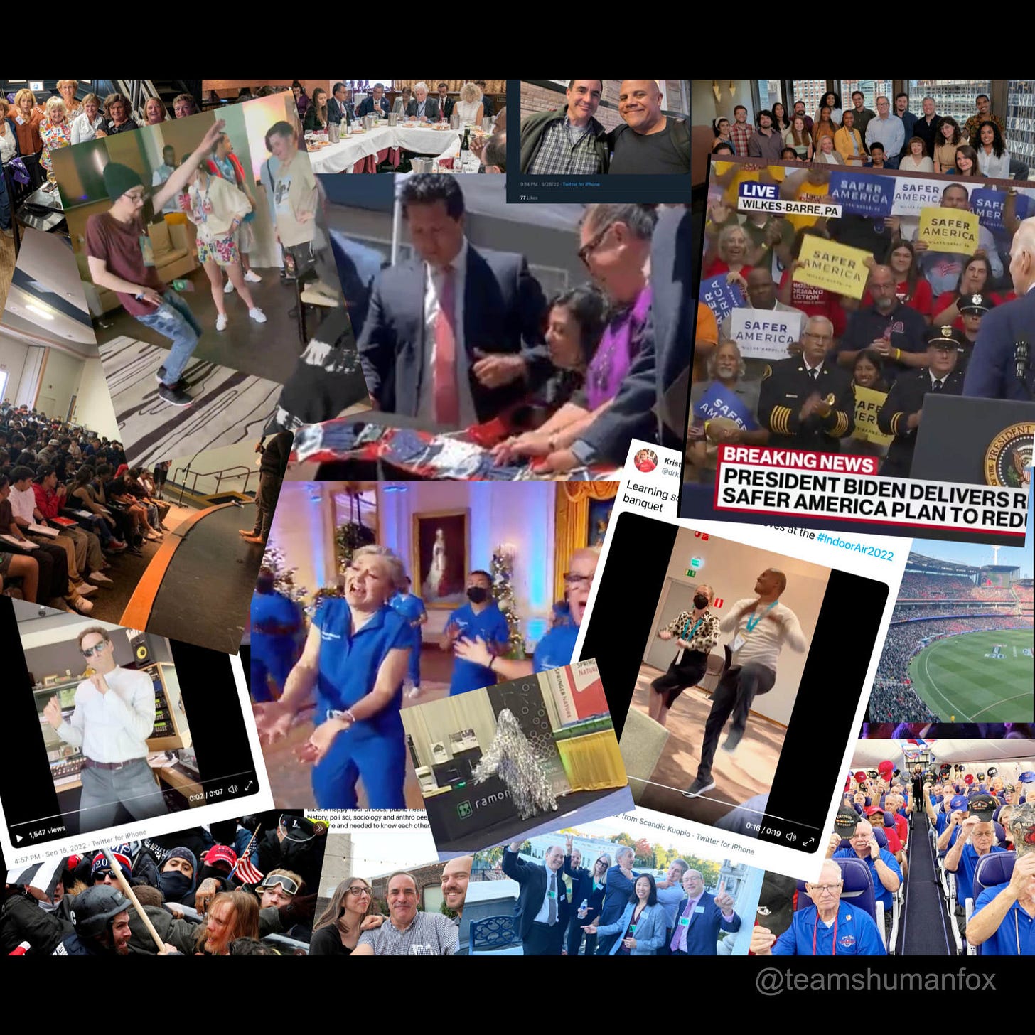 A collage of photos of doctors, scientists, public health and clean air experts partying, dancing at conferences or on social media, at book tours, older passengers on an airline flight, social media posts, nurses singing at the White House, maskless selfies, January 6th rioters, a crowded sports stadium,, a Joe Biden rally in Wilkes-Barre with signs that say Safer America, almost nobody wearing masks, and includes a ribbon cutting ceremony where the ribbon is made of masks that is cut and celebrated. A collage of photos of doctors, scientists, public health and clean air experts partying, dancing at conferences or on social media, at book tours, older passengers on an airline flight, social media posts, nurses singing at the White House, maskless selfies, January 6th rioters, a crowded sports stadium,, a Joe Biden rally in Wilkes-Barre with signs that say Safer America, almost nobody wearing masks, and includes a ribbon cutting ceremony where the ribbon is made of masks that is cut and celebrated.