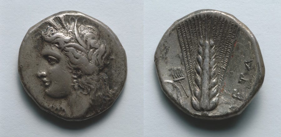 Greek stater with Demeter and barley Greek stater with Demeter and barley