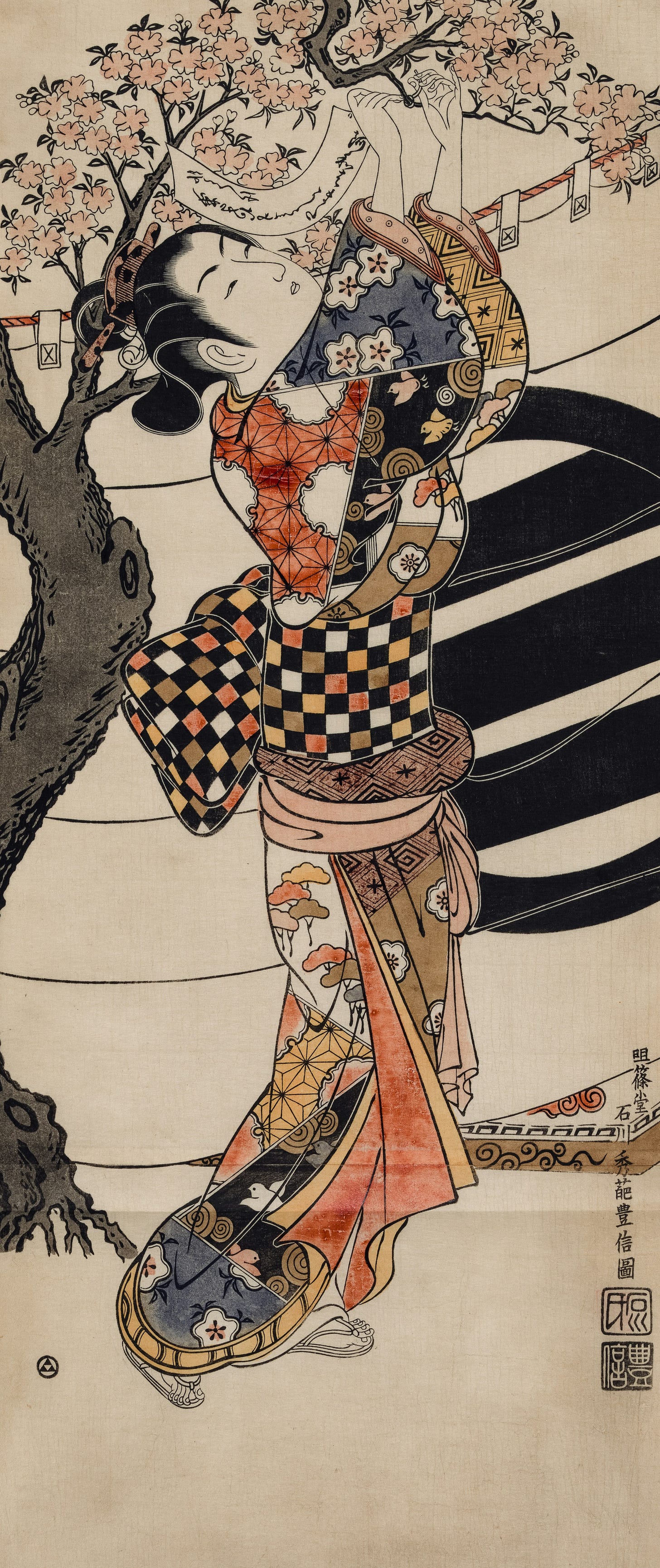 Eighteenth-century Japanese print of woman hanging poems on scroll on cherry trees. Eighteenth-century Japanese print of woman hanging poems on scroll on cherry trees.
