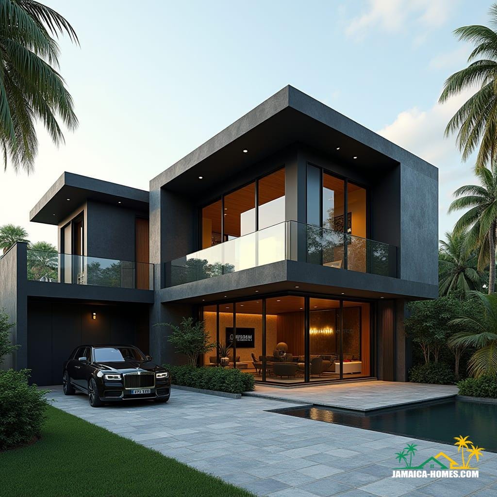  A modern Jamaican home in the Caribbean, designed with a fusion of gothic modern and barn conversion styles. The exterior features dramatic angular lines, vaulted ceilings, and a bold mix of textures, utilizing black-painted concrete, brick, cement, and natural wood accents. Large glass windows and sliding doors flood the interior with light and showcase stunning views. The house is surrounded by lush tropical landscaping, including palm trees. A sleek driveway leads to the entrance, with a luxury car parked outside. The setting is sunny, vibrant, and distinctly Caribbean. Ultra-realistic rendering, cinematic lighting, 8K resolution. Cinematic film still, shot on v-raptor XL, film grain, vignette, color graded, post-processed, cinematic lighting, 35mm film, live-action, best quality, atmospheric, a masterpiece, epic, stunning, dramatic.
