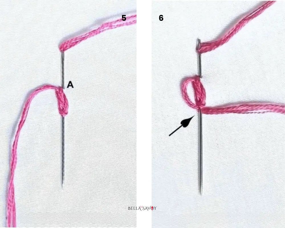 Step 5: A small pink twisted loop wrapped around the needle that is set in fabric Step 6: thread wrapping under at the bottom of the needle