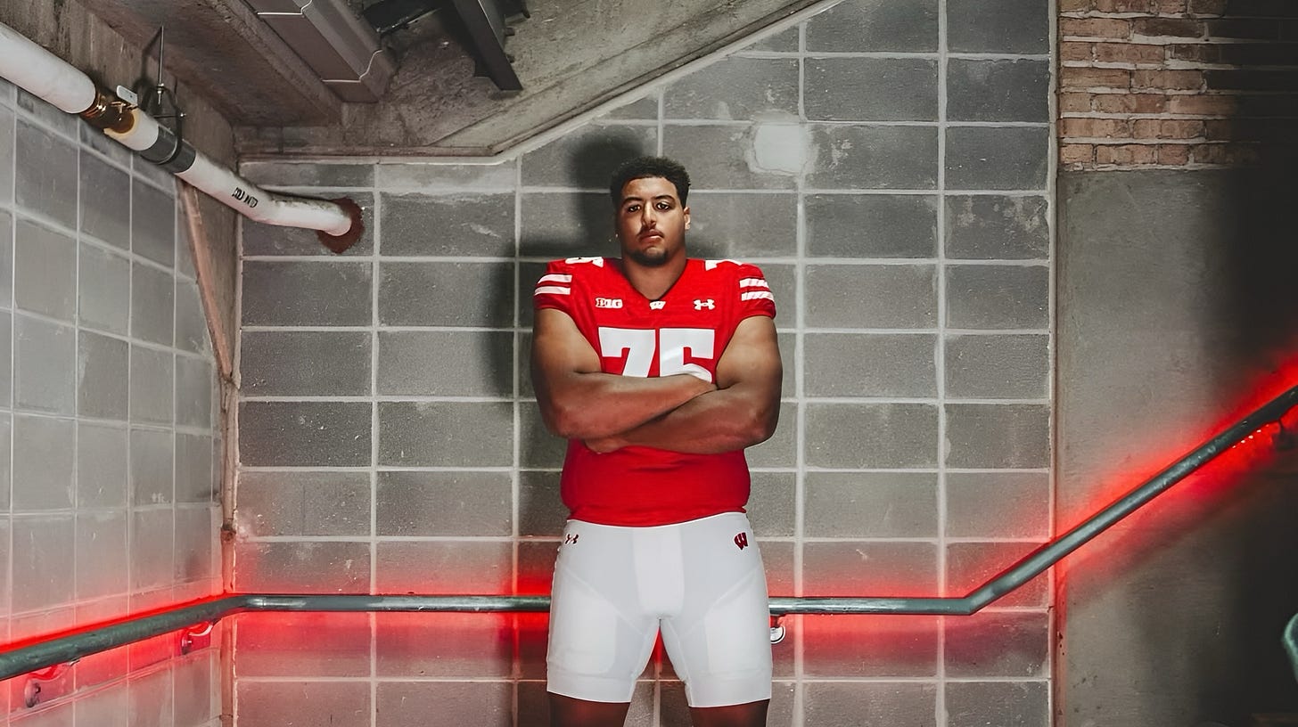 Emerson Mandell, Wisconsin Badgers offensive lineman, stands in uniform and poses during the team photo shoot. Emerson Mandell, Wisconsin Badgers offensive lineman, stands in uniform and poses during the team photo shoot.