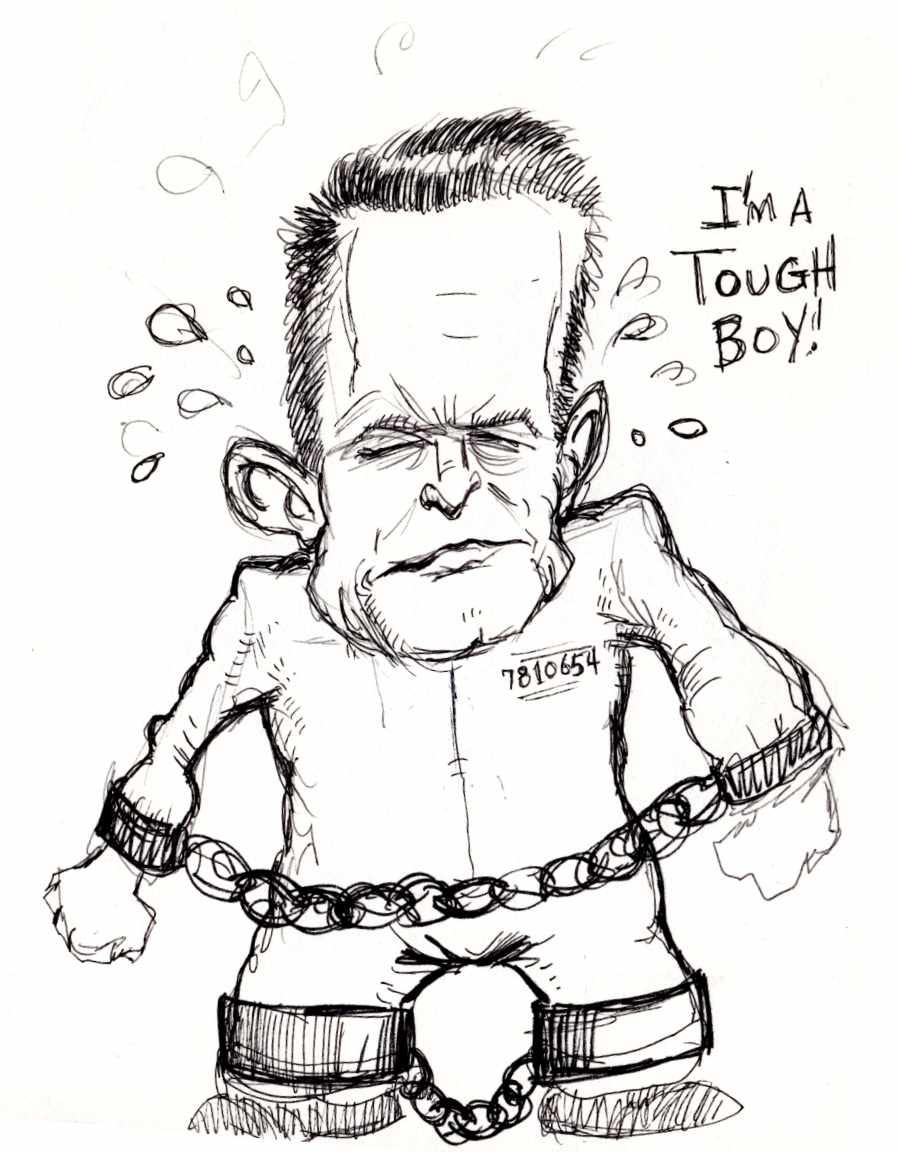 Ballpoint sketch of Pete Hegseth in prison garb and chained.