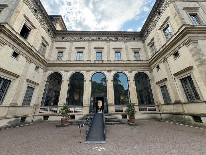 A priest saying Mass amid Roman ruins, the entrance to grandiose Renaissance-era Villa Farnesina; the fountain that dominates Piazza Santa Maria; the small dining room at Cuverie enoteca.