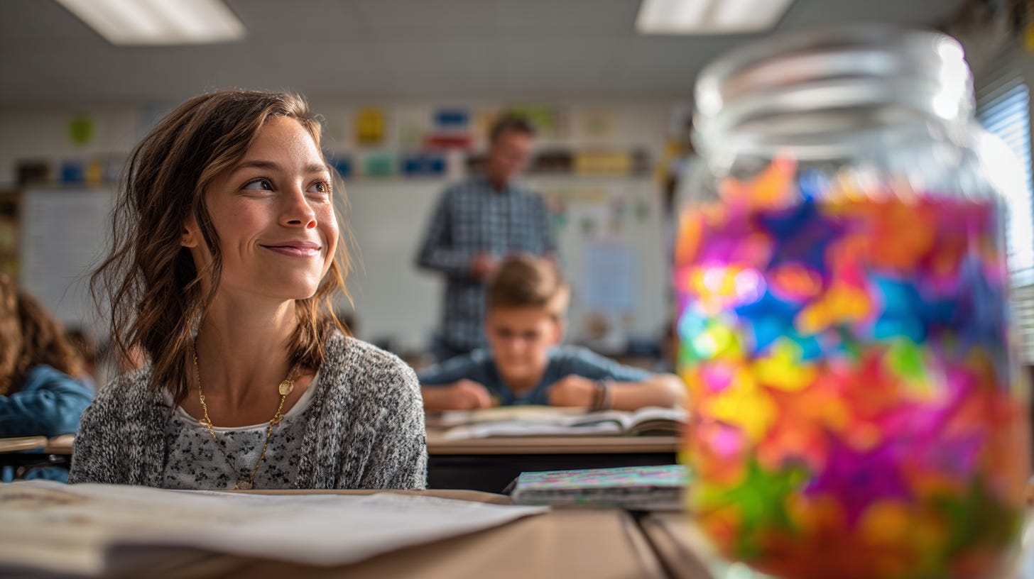 Student smiling in a classroom with a colorful jar of star rewards, symbolizing positive reinforcement and motivation. Student smiling in a classroom with a colorful jar of star rewards, symbolizing positive reinforcement and motivation.