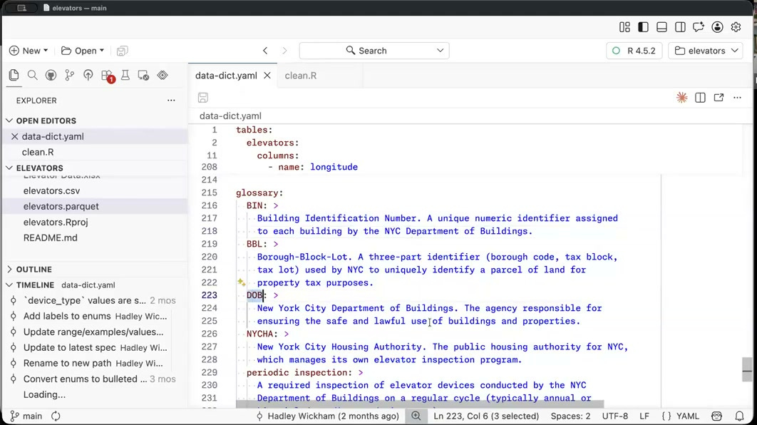 Demo: the glossary section of the data dictionary, defining domain terms like BIN, BBL, and DOB — with DOB highlighted as "New York City Department of Buildings" Demo: the glossary section of the data dictionary, defining domain terms like BIN, BBL, and DOB — with DOB highlighted as "New York City Department of Buildings"