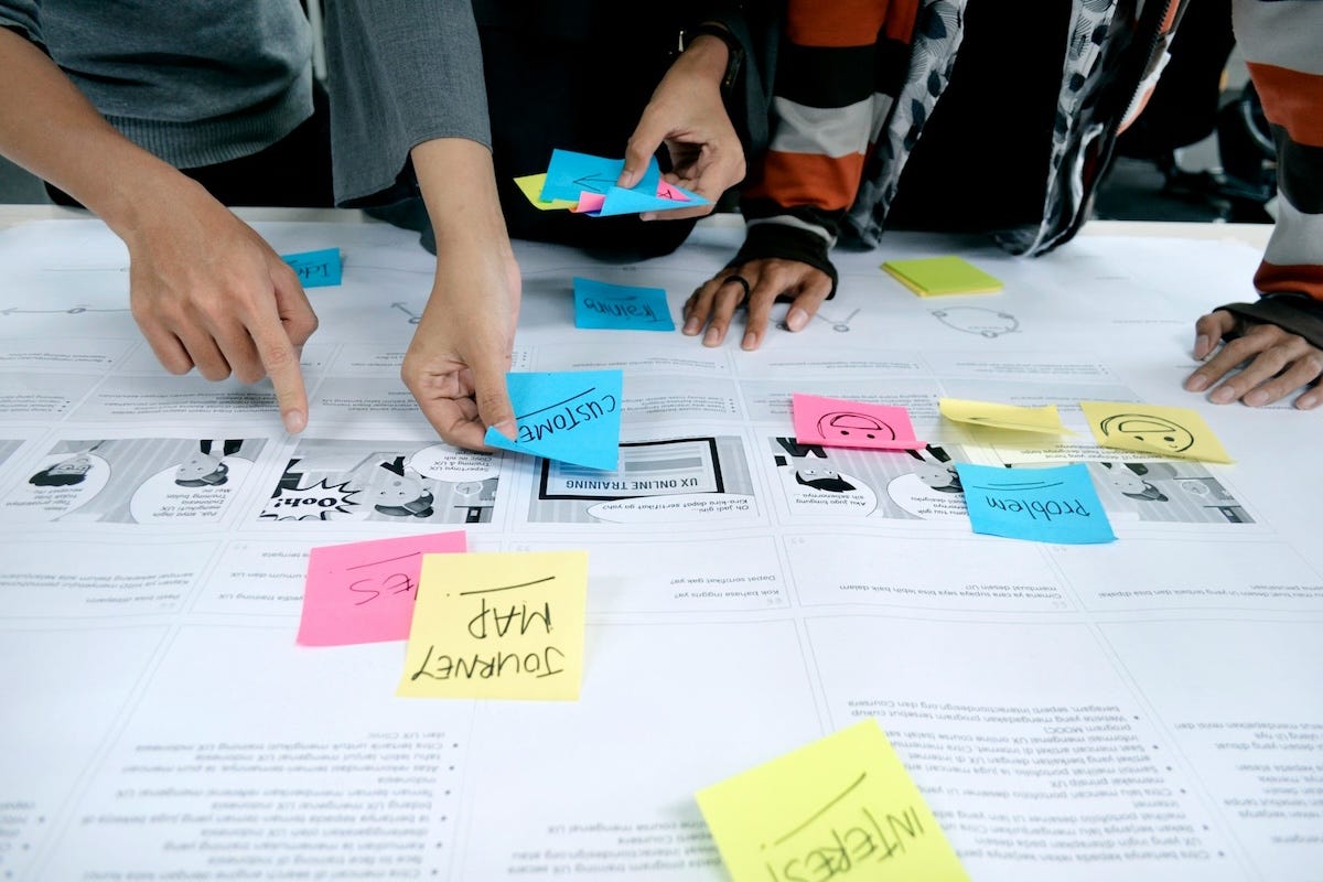 A business team mapping out a strategic customer journey, illustrating the shift to B2B buyer enablement. A business team mapping out a strategic customer journey, illustrating the shift to B2B buyer enablement.