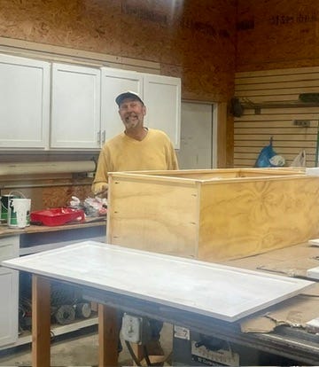 Three photos of team members working in the shop..