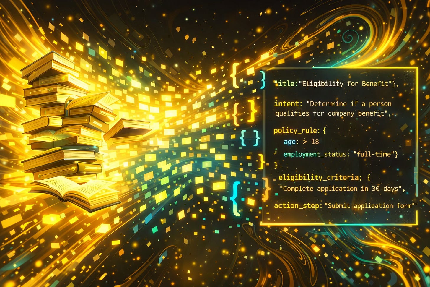 Stylised image of books transforming into code Stylised image of books transforming into code