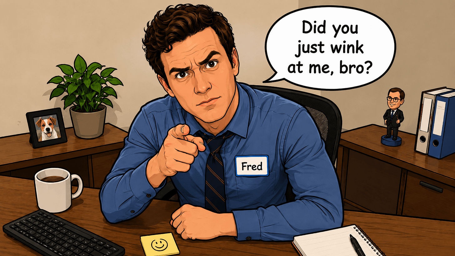 Comic-style illustration of a man at a desk pointing accusingly at the viewer, speech bubble reads "Did you just wink at me, bro?" with a "Fred" nametag, paying off the earlier audience callback