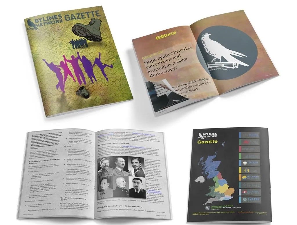 Four images of the latest edition of the Bylines Network Gazette - cover, centrespread, an article title and a map of Bylines Networks publication on the back page Four images of the latest edition of the Bylines Network Gazette - cover, centrespread, an article title and a map of Bylines Networks publication on the back page