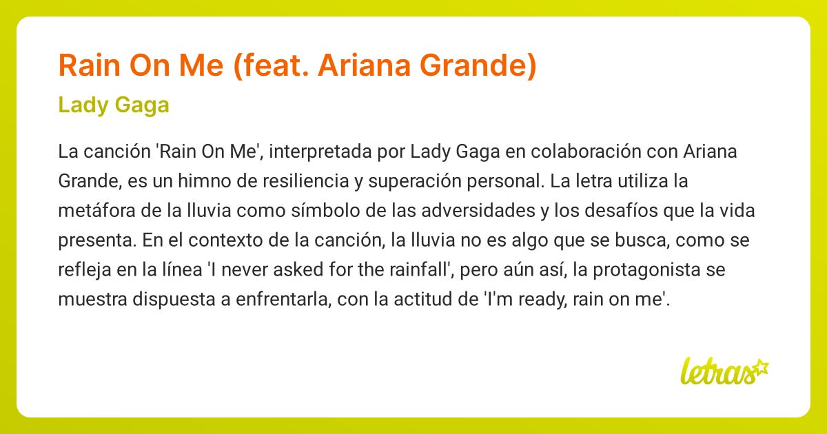 Significado de la canción Rain On Me (feat. Ariana Grande) (Lady Gaga) -  LETRAS.COM