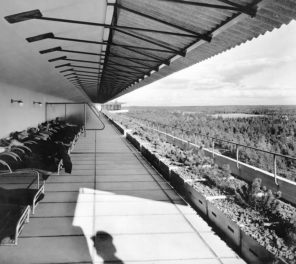 Patients convalescing on the sunroof of the sanatorium.