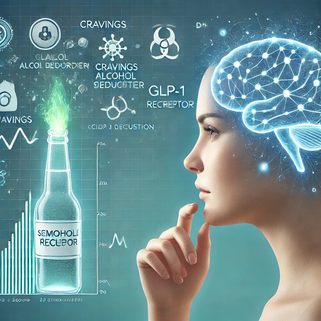A professional medical illustration depicting the impact of semaglutide on alcohol use disorder. The image should feature a clean and modern design, showing a symbolic representation of alcohol reduction, such as a fading alcohol bottle or a declining alcohol consumption graph. Include a simplified depiction of the brain, highlighting areas related to cravings and impulse control, with subtle neuron connections representing neurological changes. Use a color palette that conveys positivity and innovation, with blue and green hues for a scientific and clinical feel. Incorporate small medical icons, such as a GLP-1 receptor symbol, to visually tie in the mechanism of action. Ensure the design remains professional, engaging, and easy to understand, avoiding any unsettling or overly complex details.
