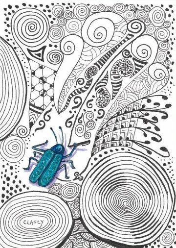 A long blue beetle with pen in hand finishing detail to a busy design. The page is overed in swirling patterns and dots.