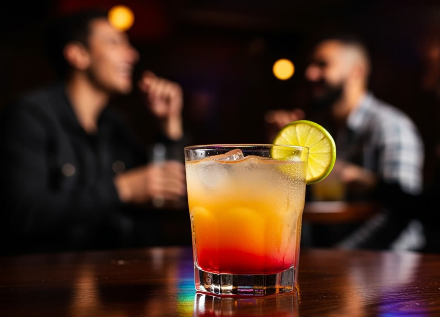 Two men in the distance with a cocktail in the foreground