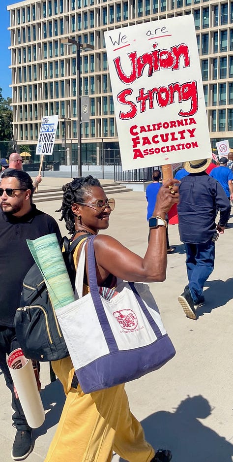 six pictures of faculty and staff union members and students from Cal State LA wearing union shirts and holding up signs that read "strike ready" and "faculty learning conditions are student learning conditions"