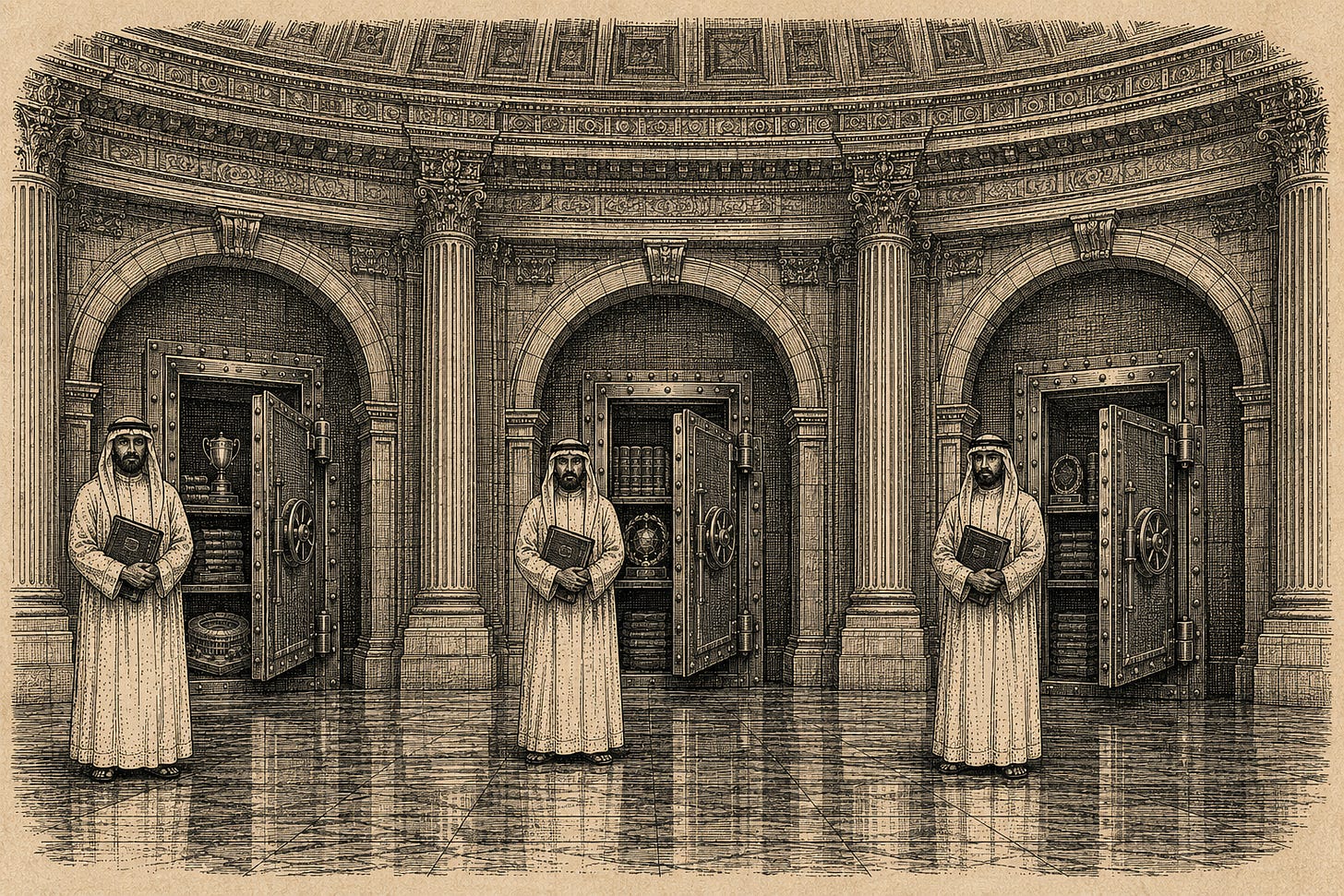 Wood-engraving editorial illustration in the Thomas Nast Harper's Weekly style for Attention Capital's essay The Largest Attention Allocator In The World. The image shows three monumental sovereign treasury vaults arranged side by side in a single rotunda interior, each containing an identical ironbound strongbox and attended by a single robed figure holding a bound ledger. The visual argument: the Public Investment Fund, the Qatar Investment Authority, and Mubadala together form a unified $3 trillion LP cohort with parallel mandates, parallel scale, and parallel attention allocations. Keywords: sovereign wealth fund, Public Investment Fund, Qatar Investment Authority, Mubadala, attention infrastructure, sovereign LP, attention asset class. Wood-engraving editorial illustration in the Thomas Nast Harper's Weekly style for Attention Capital's essay The Largest Attention Allocator In The World. The image shows three monumental sovereign treasury vaults arranged side by side in a single rotunda interior, each containing an identical ironbound strongbox and attended by a single robed figure holding a bound ledger. The visual argument: the Public Investment Fund, the Qatar Investment Authority, and Mubadala together form a unified $3 trillion LP cohort with parallel mandates, parallel scale, and parallel attention allocations. Keywords: sovereign wealth fund, Public Investment Fund, Qatar Investment Authority, Mubadala, attention infrastructure, sovereign LP, attention asset class.
