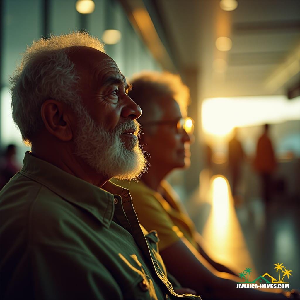 Warmly lit, deeply wrinkled faces of a wise, elderly Jamaican couple, set against a blurred, vibrant airport backdrop, as they gaze longingly at the departure gate, returning to their homeland after decades away, cinematic film still,