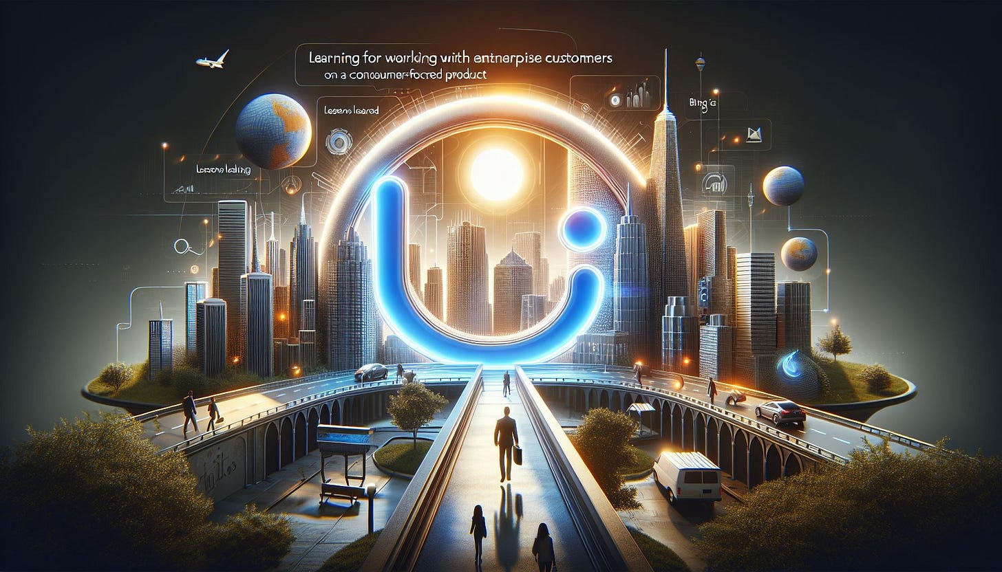 An innovative and realistic image that represents the overall sentiment of an article about learnings from working with enterprise customers on a consumer-focused product, reflecting on Bing at Work, lessons learned, and the road ahead, without any text.