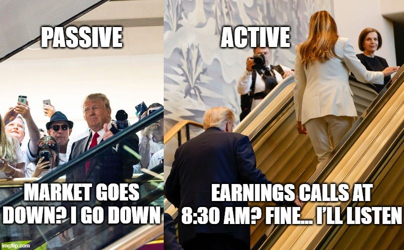 A humorous investing meme comparing passive investing vs active investing. The left image shows a person riding an escalator labeled “Passive: Market goes down? I go down,” symbolizing index fund investors who move with the market. The right image shows a person climbing stairs labeled “Active: Earnings calls at 2 AM? Fine… I’ll listen,” representing active investors who research fundamentals. Ideal visual for explaining passive vs active investing. A humorous investing meme comparing passive investing vs active investing. The left image shows a person riding an escalator labeled “Passive: Market goes down? I go down,” symbolizing index fund investors who move with the market. The right image shows a person climbing stairs labeled “Active: Earnings calls at 2 AM? Fine… I’ll listen,” representing active investors who research fundamentals. Ideal visual for explaining passive vs active investing.