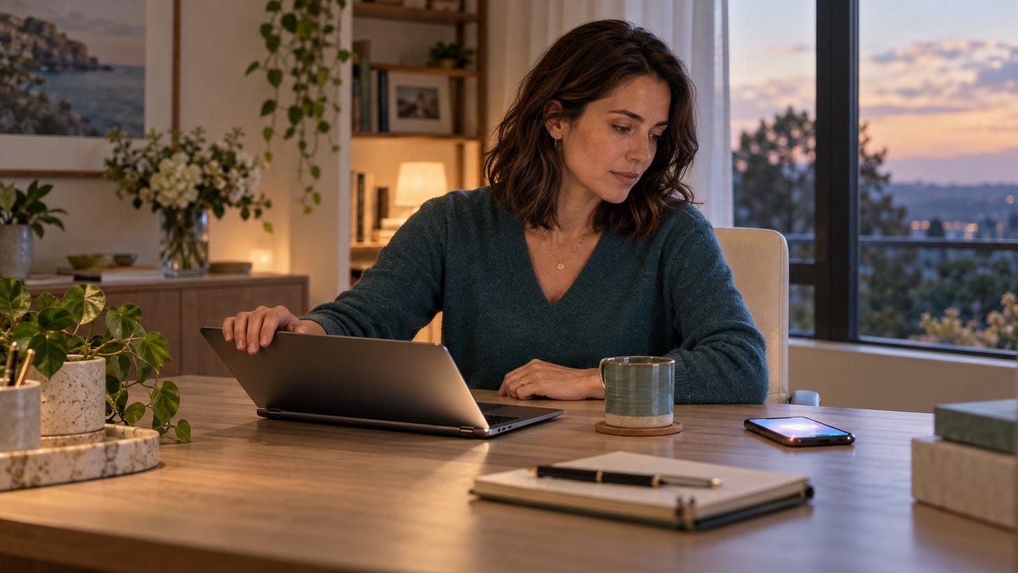 Woman pausing as she closes her laptop as her phone is receiving incoming message at the end of her working day.