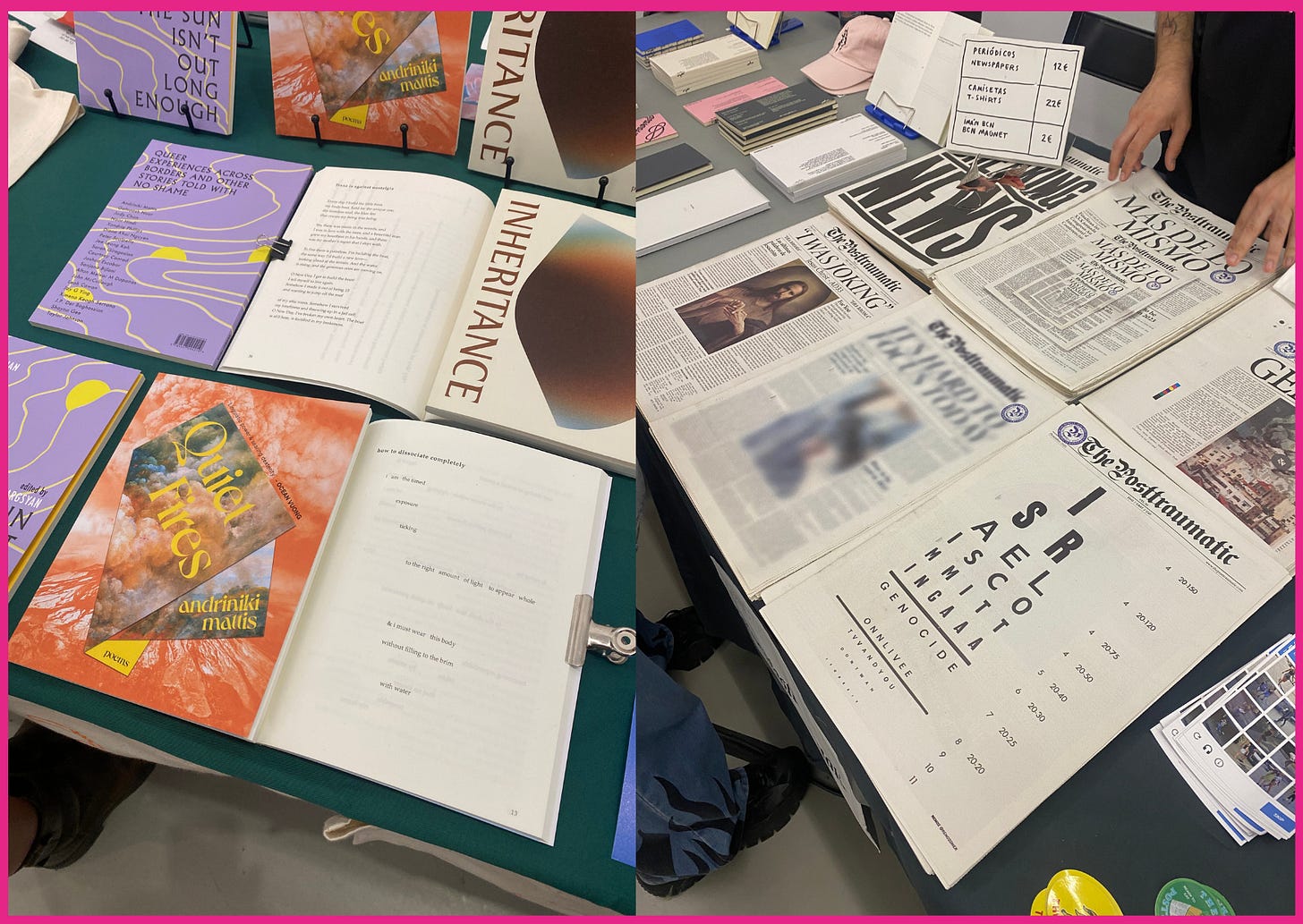 Side-by-side display of colorful books and zines on the left and newspapers and magazine layouts on the right.