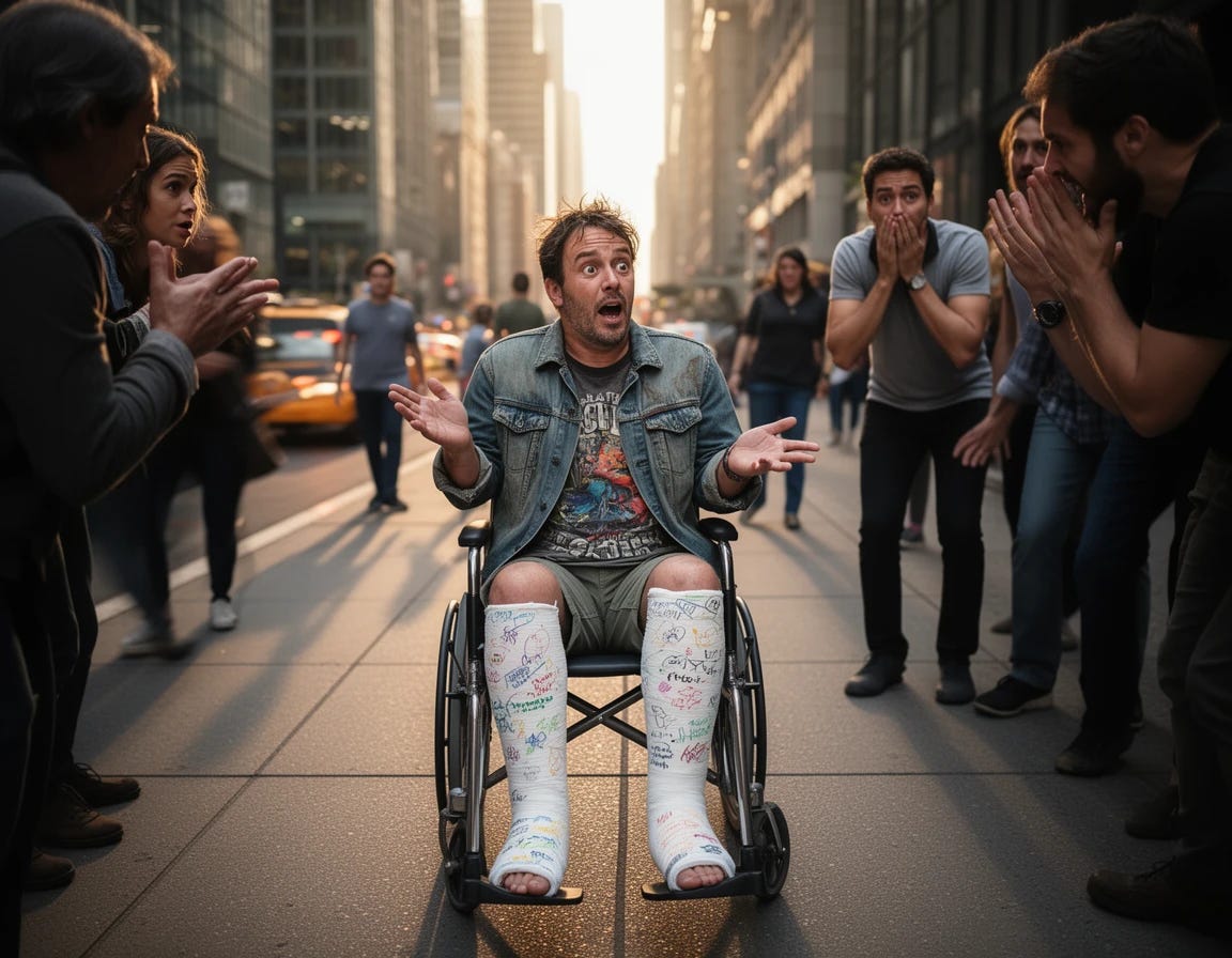 Man in wheelchair with two broken legs freaking people out who asked him how he hurt himself Man in wheelchair with two broken legs freaking people out who asked him how he hurt himself