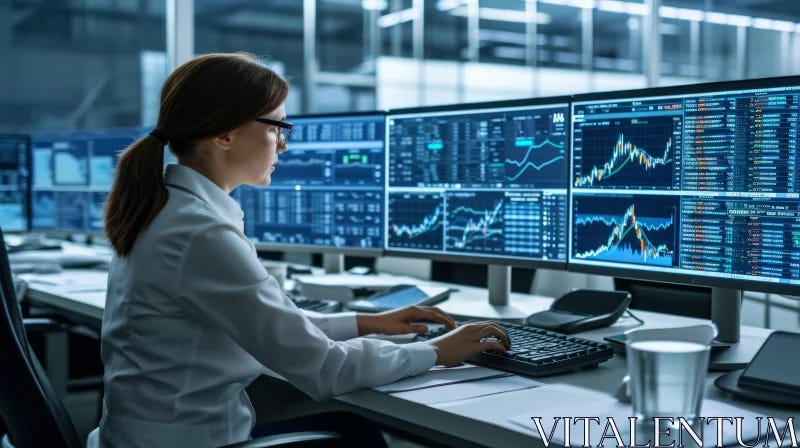 Female Stock Trader Working on Multiple Computer Monitors