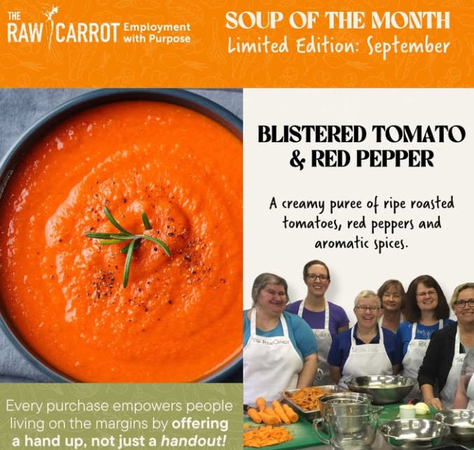 Poster outlining the Raw Carrot's September Soup: Blistered tomato and red pepper