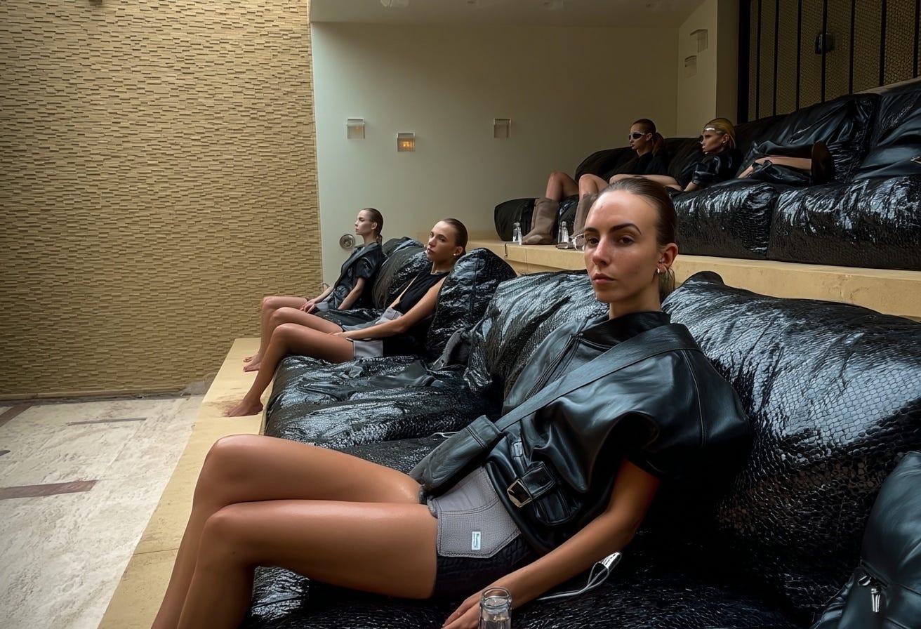 AI-generated fashion portraits by photographer Tobias Schneider, featuring the author in hyperreal, futuristic lounge environments. Created for an article exploring source monitoring error, memory distortion, and the psychological impact of seeing oneself in fictional yet photorealistic settings.