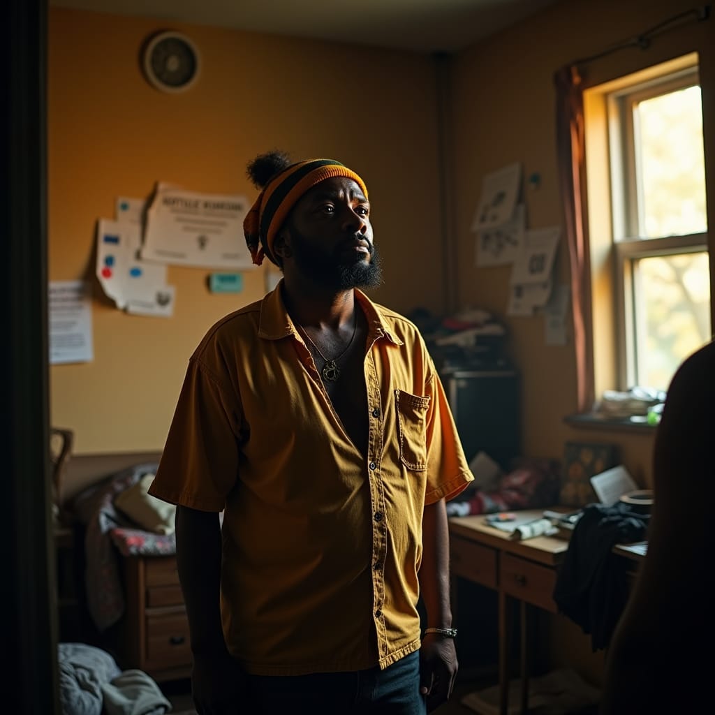 A Jamaican tenant, dressed in worn but vibrant clothing, sits in a dimly lit, cluttered tenement office, surrounded by stacks of dusty files and faded family photos, seeking solace and guidance from a wise, aged lawyer, amidst the looming threat of eviction, cinematic film still, reminiscent of the works of Roger Deakins,