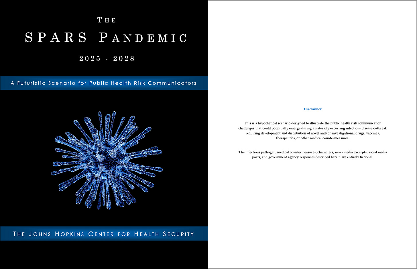 Cover page of Johns Hopkins Center for Health Security’s October 2017 report, ‘The SPARS Pandemic 2025–2028: A Future Scenario for Public Health Risk Communicators,’ a simulation of a coronavirus pandemic.