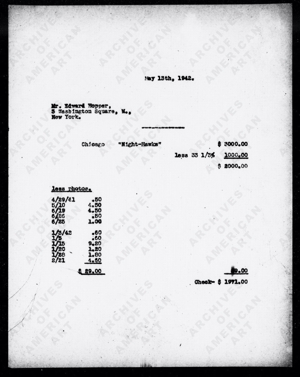 The dealer's statement for the sale of "Nighthawks" to Chicago, May 1942: $3,000, less the gallery's third. Archives of American Art, Smithsonian Institution. The dealer's statement for the sale of "Nighthawks" to Chicago, May 1942: $3,000, less the gallery's third. Archives of American Art, Smithsonian Institution.