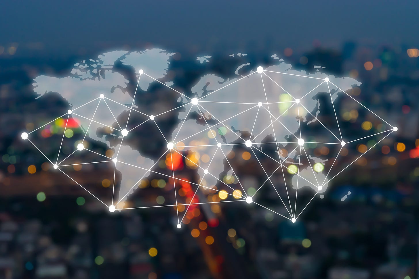A world map overlayed with a digital plexus implying a decentralized world.