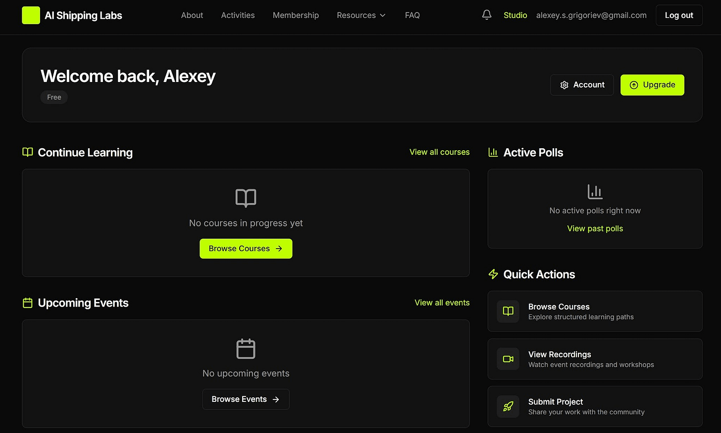 AI Shipping Labs dashboard showing Continue Learning, Active Polls, Upcoming Events