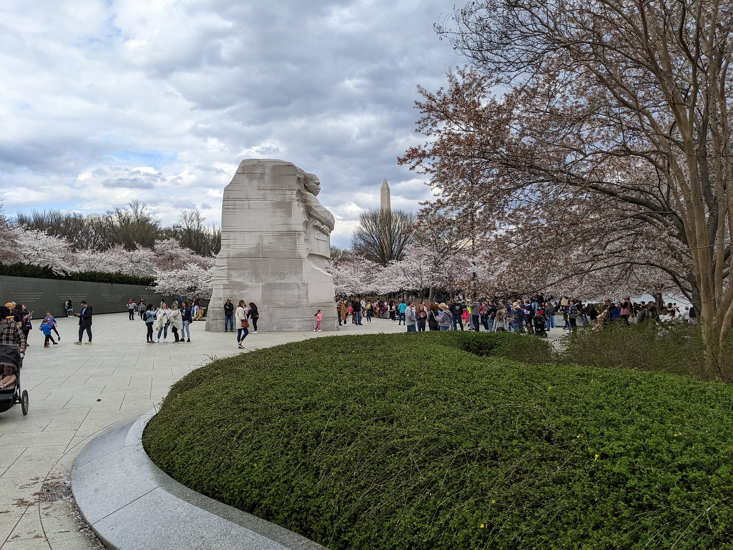 The Martin Luther King Jr. Memorial in D.C. appears to be looking at the Washington Monument, during cherry blossom season. Inscribed on the statue is "Out of a Mountain of Despair, a Stone of Hope.