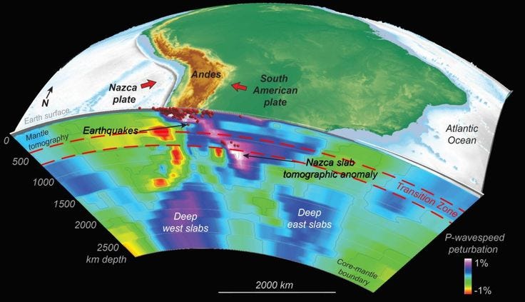 This may contain: an image of the earth's ocean floor with different areas labeled in red and green