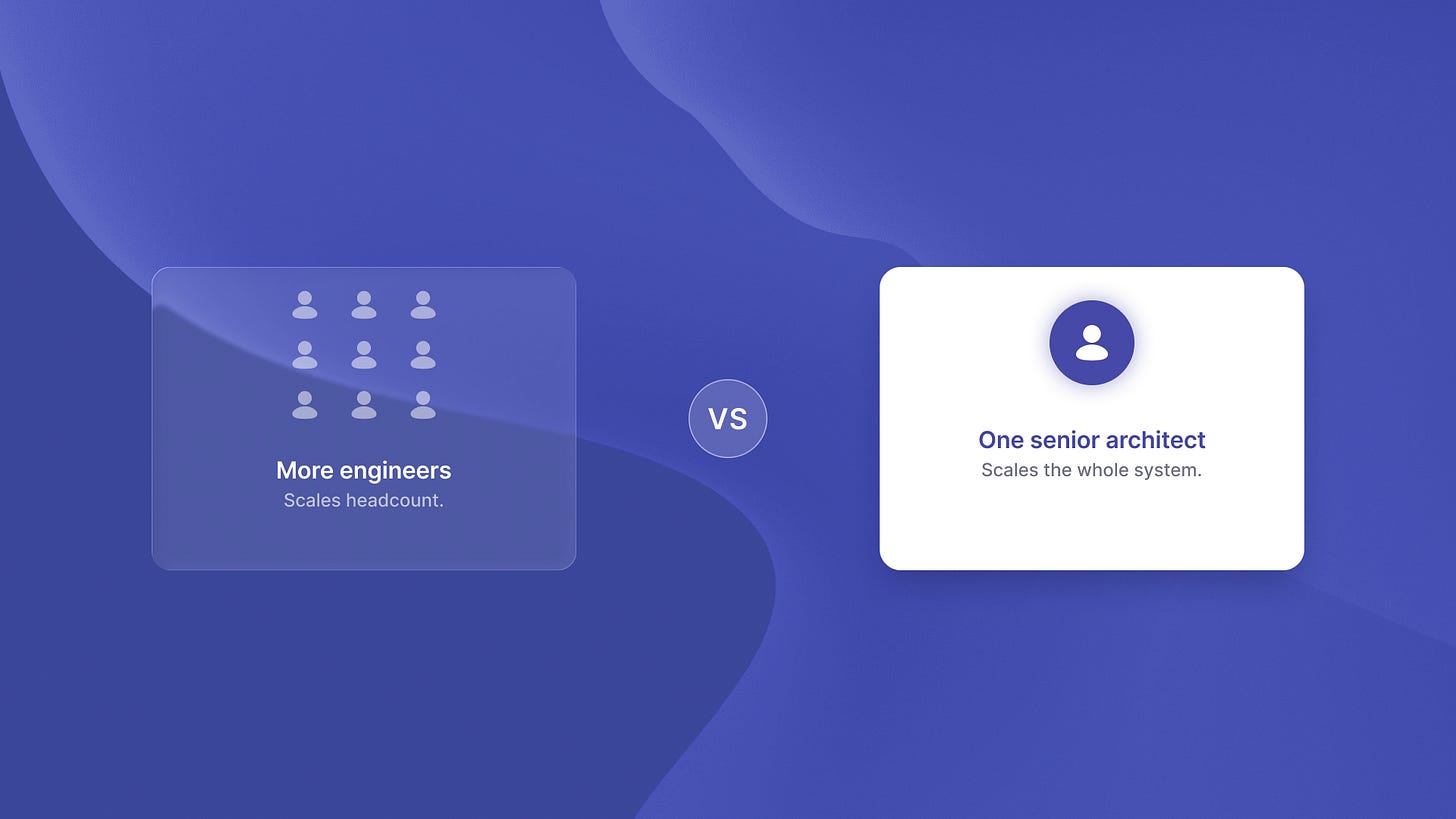 Comparison of a crowd of engineers vs one senior architect. Comparison of a crowd of engineers vs one senior architect.