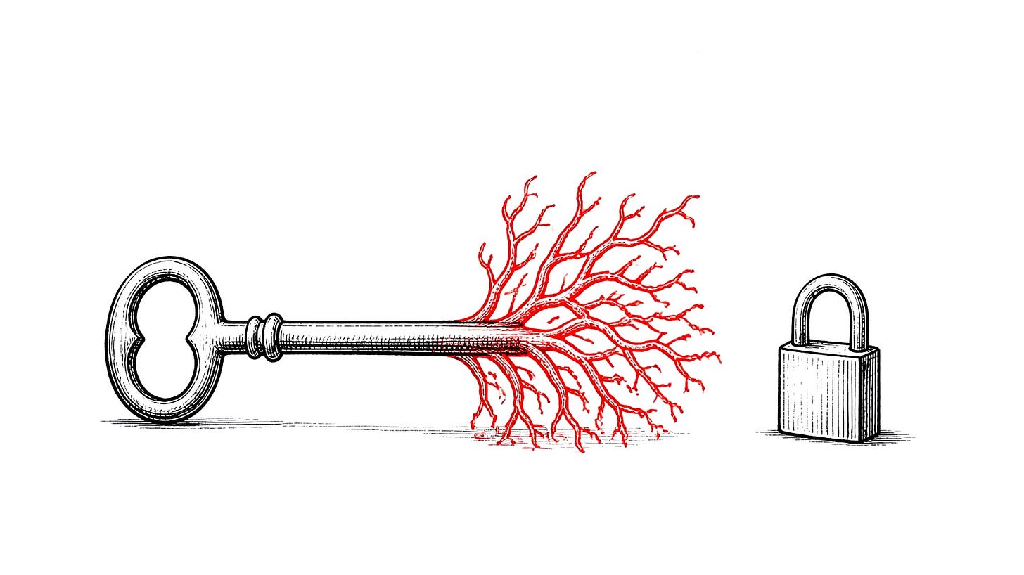An old key sprouts tangled, root-like extra teeth beside a small plain padlock. An old key sprouts tangled, root-like extra teeth beside a small plain padlock.