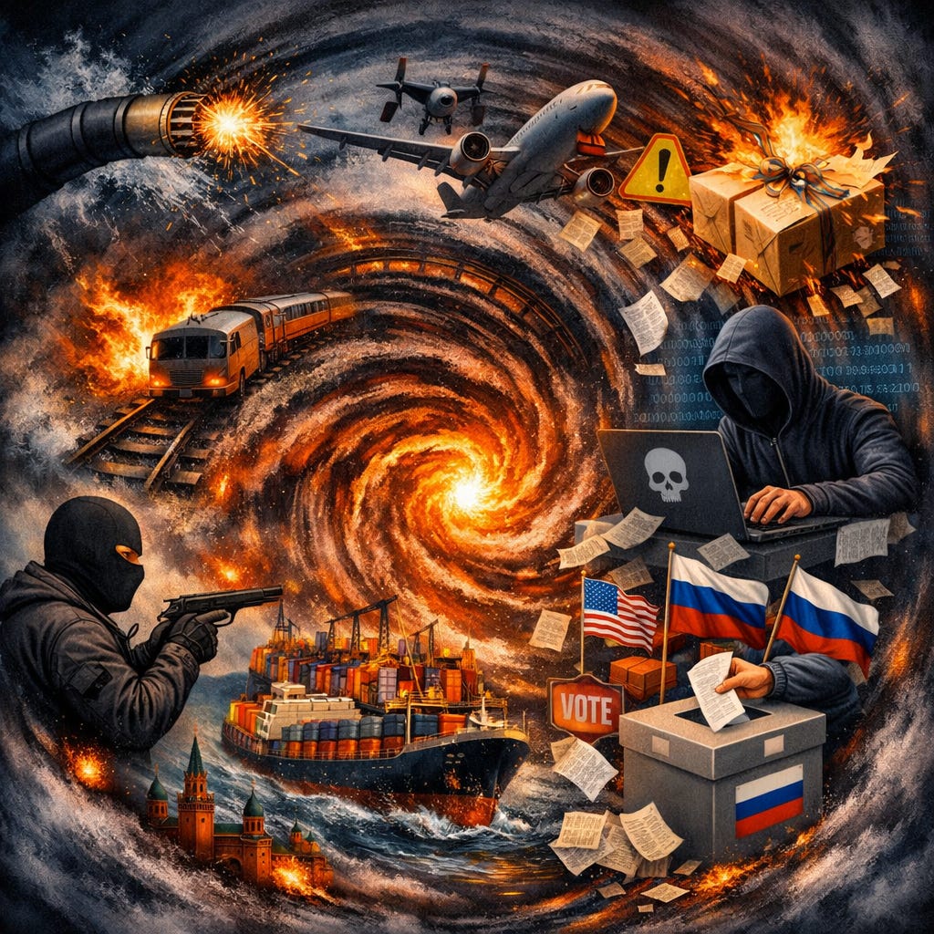 Russia's hybrid warfare campaign against Europe — a composite illustration showing the coordinated instruments of hybrid war: cyber attacks, election interference, sabotage of critical infrastructure, parcel bombs, drone disruption, and disinformation, all drawn into a single destabilising vortex. Russia's hybrid warfare campaign against Europe — a composite illustration showing the coordinated instruments of hybrid war: cyber attacks, election interference, sabotage of critical infrastructure, parcel bombs, drone disruption, and disinformation, all drawn into a single destabilising vortex.