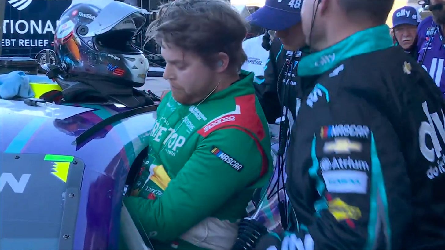 Myatt Snider gets behind the wheel of the No. 48 Hendrick Motorsports Chevrolet after Alex Bowman had to exit the car at Circuit of the Americas. Myatt Snider gets behind the wheel of the No. 48 Hendrick Motorsports Chevrolet after Alex Bowman had to exit the car at Circuit of the Americas.