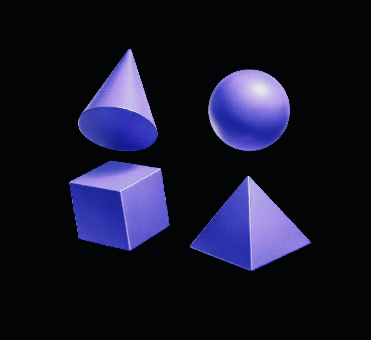 Четыре геометрические фигуры: конус, шар, куб и пирамида, выполненные в фиолетовом цвете на черном фоне.