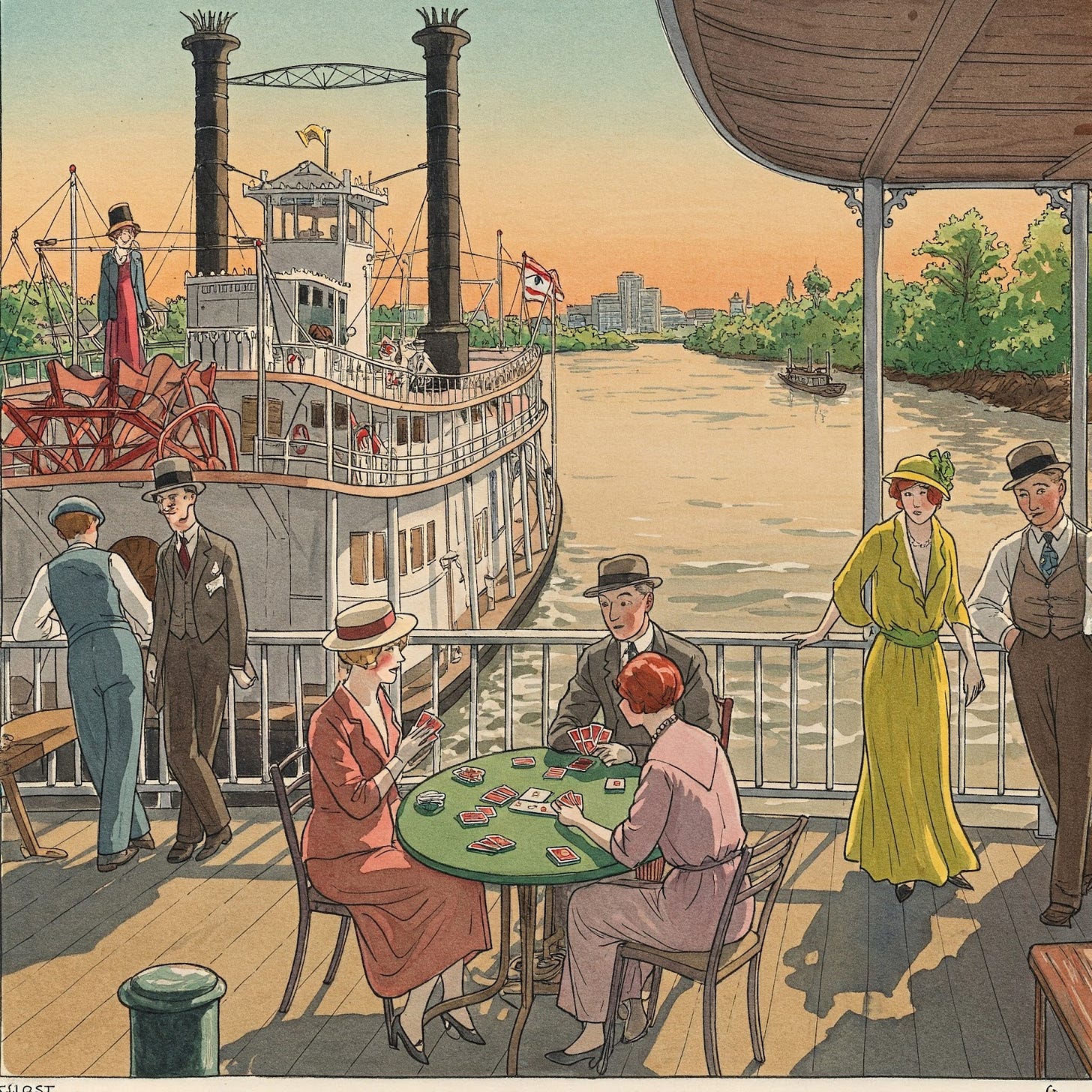 Image of a Mississippi River steam paddle boat with 1920's guests playing cards. Image of a Mississippi River steam paddle boat with 1920's guests playing cards.
